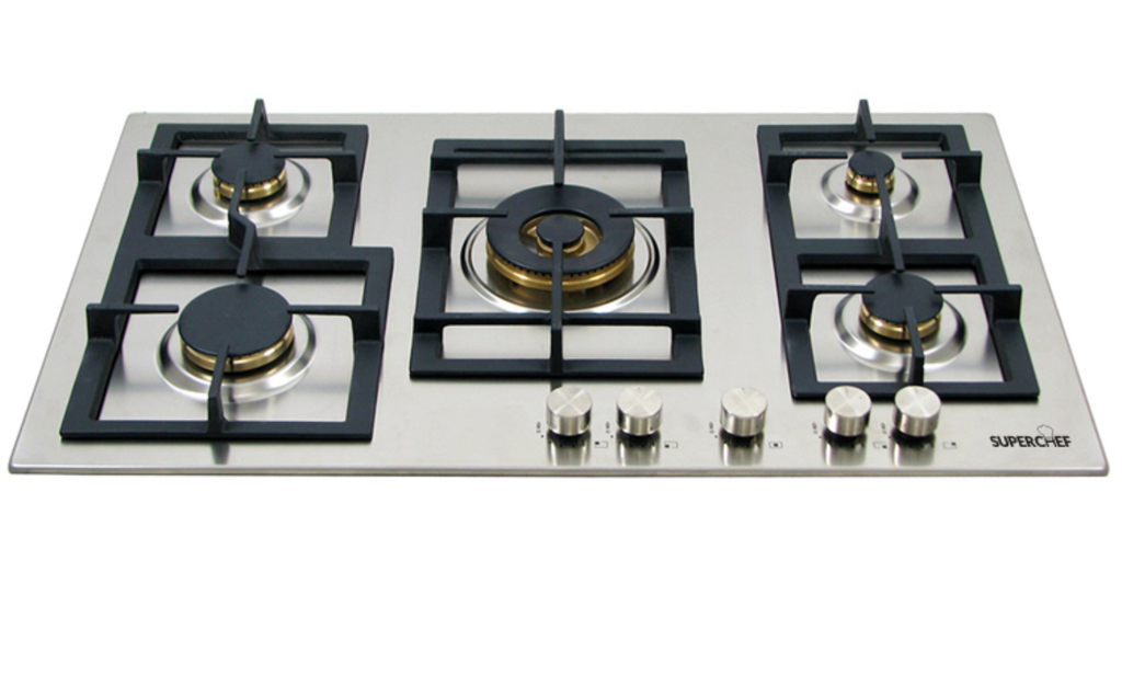 SuperChef Hob 90cm 5Burners Brass Full Safetyمفاتيح امامية جميعهم نحاس مفصول تيربو وسط