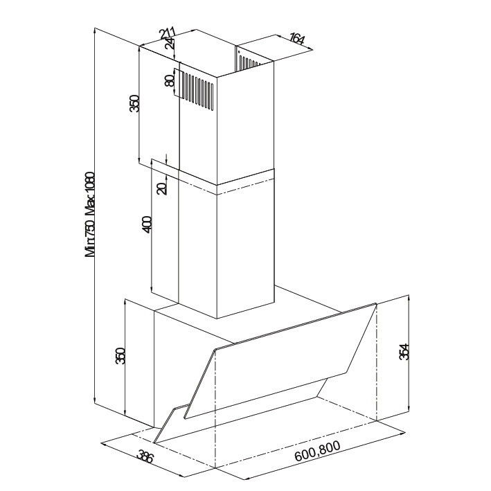 Silverline Hood 90cm Black Tempered Glass