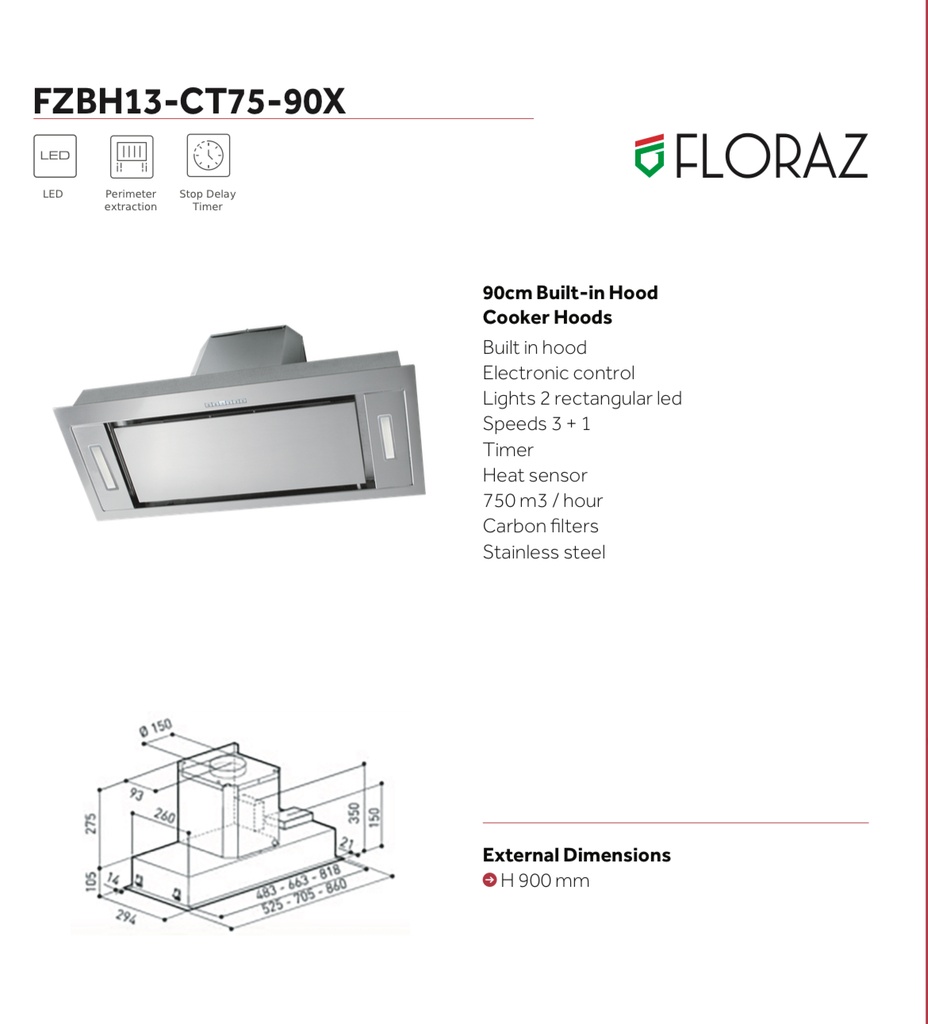 Floraz 90cm Hood  - Stainless Steel (FZBH13-CT75-90X)