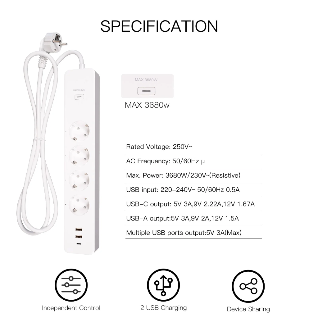 MOES Smart Power Strip EU +2USB+1type-c