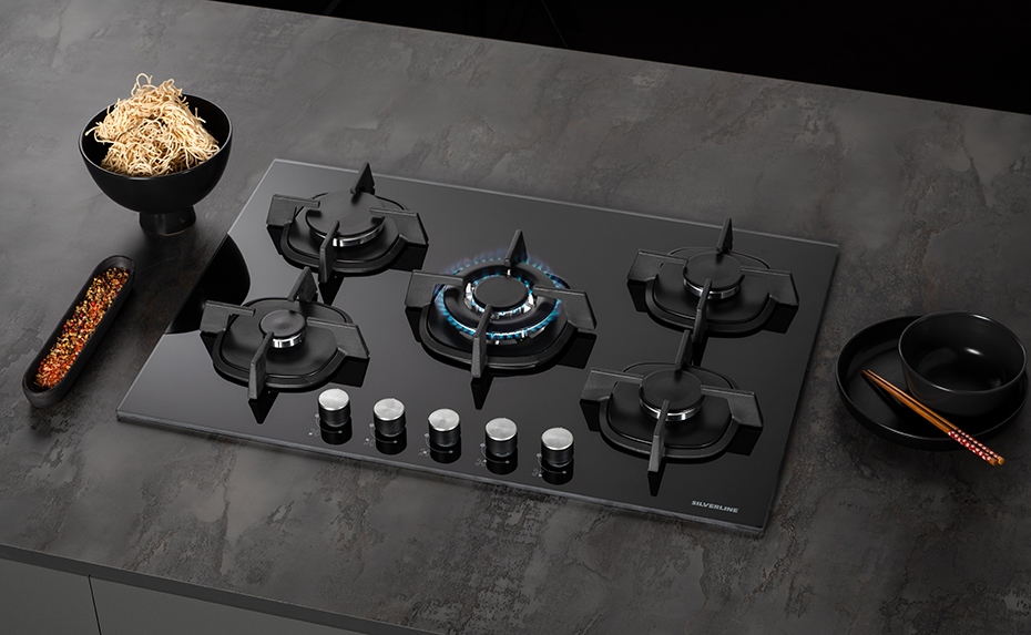 Silverline Hob Black Tempered Glass 90cm 5 burners