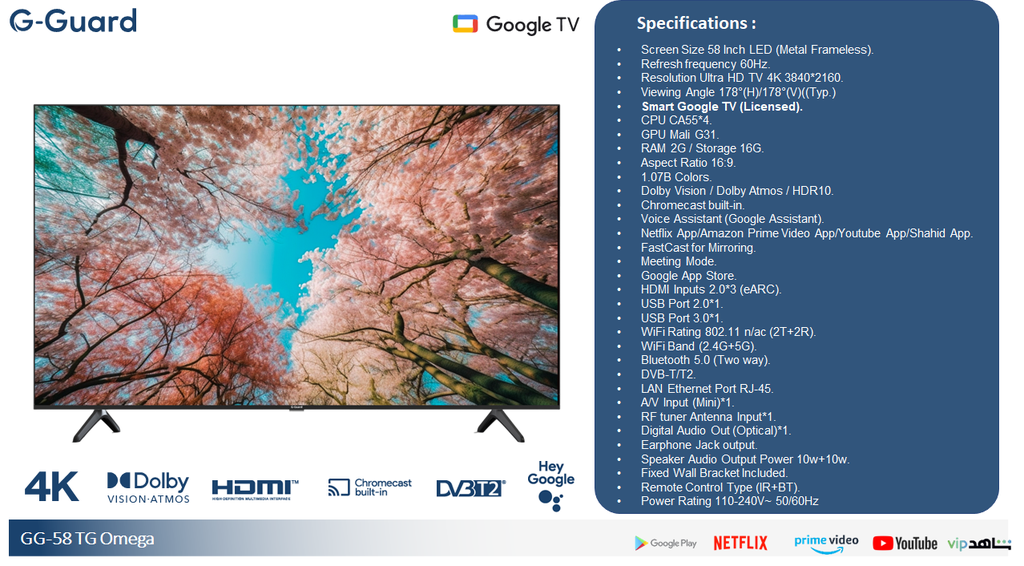58" G Guard LED Smart TV 4K GoogleTV - Omega