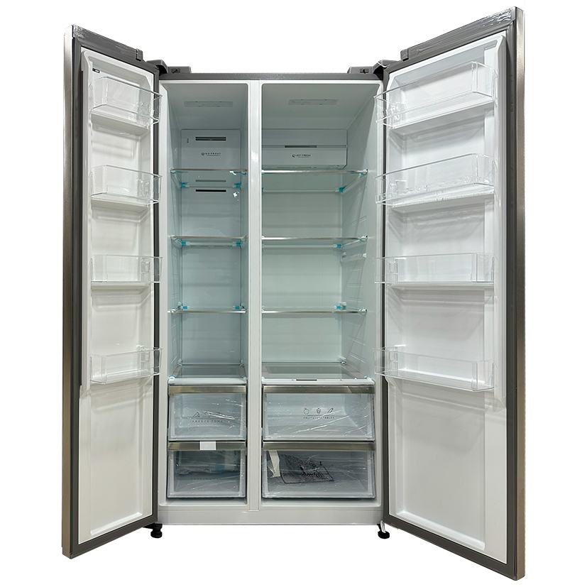 Newton Side By Side Refrigerator 623 Liters Stainless Steel open door