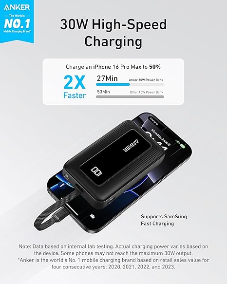 Anker Power Bank (10K, 30W, Built-In USB-C Cable) Zolo - B:ack