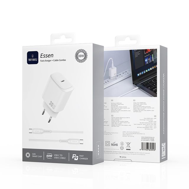 WiWU Essen 30W GaN Fast Charger +Cable Combo - White (G008 EU)