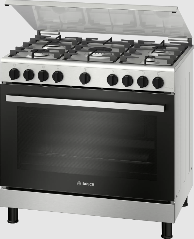 BOSCHبوش غاز (فرن + طباخ) امان كامل 90 سم 125 لتر لون ستيل | GAS COOKERS