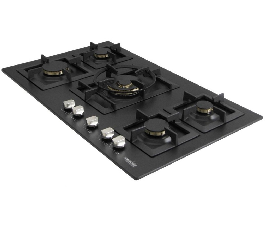 SUPERCHEF Hob 90cm 5 Brass Burners Full Safety Black (مفصول اسود تيربو بالوسط 5رؤوس نحاس)