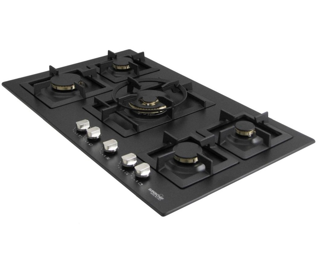 SuperChef Hob 90cm 5 Brass Burners Full Safety Black (مفصول اسود تيربو بالوسط 5رؤوس نحاس)