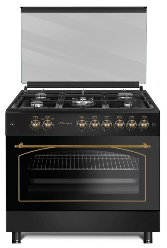 Conti Gas Cooker 90cm Cast-Iron with 2 Fan & Triple Glass - Black classic