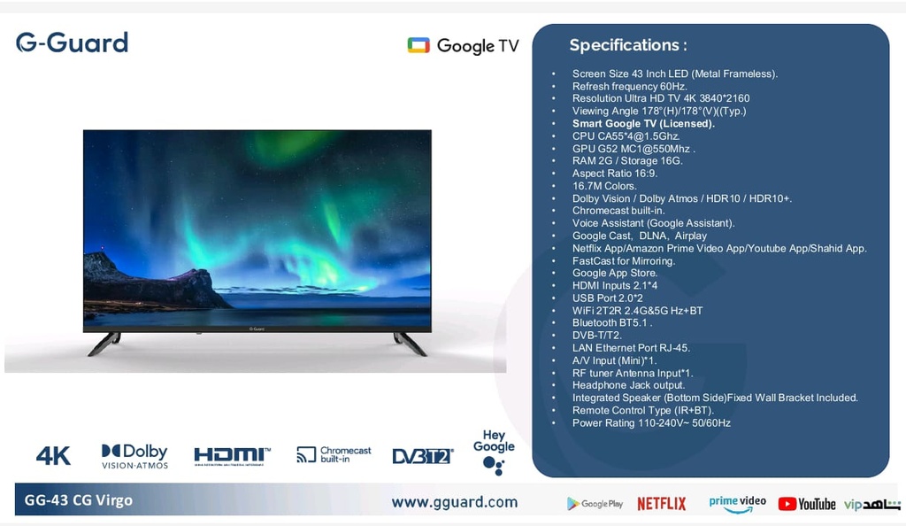 43" G Guard LED Smart TV 4K GoogleTV - Vigro