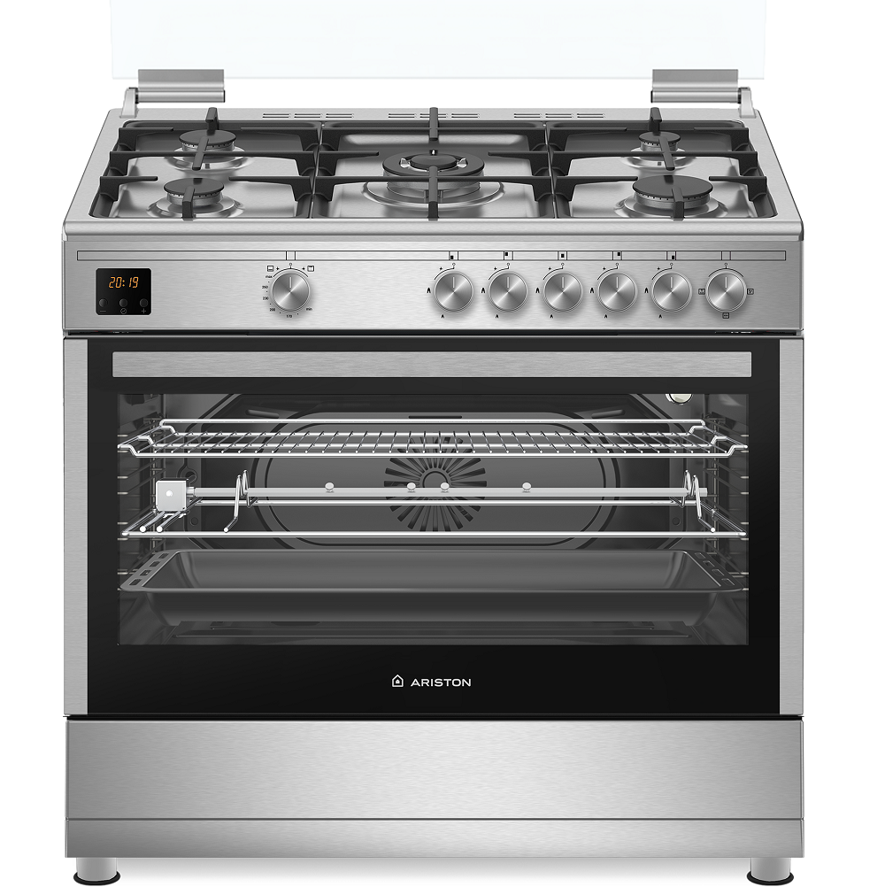 Ariston Gas Cooker 5 Burners Digital Fan Cast Iron 90cm Full Safety Inox