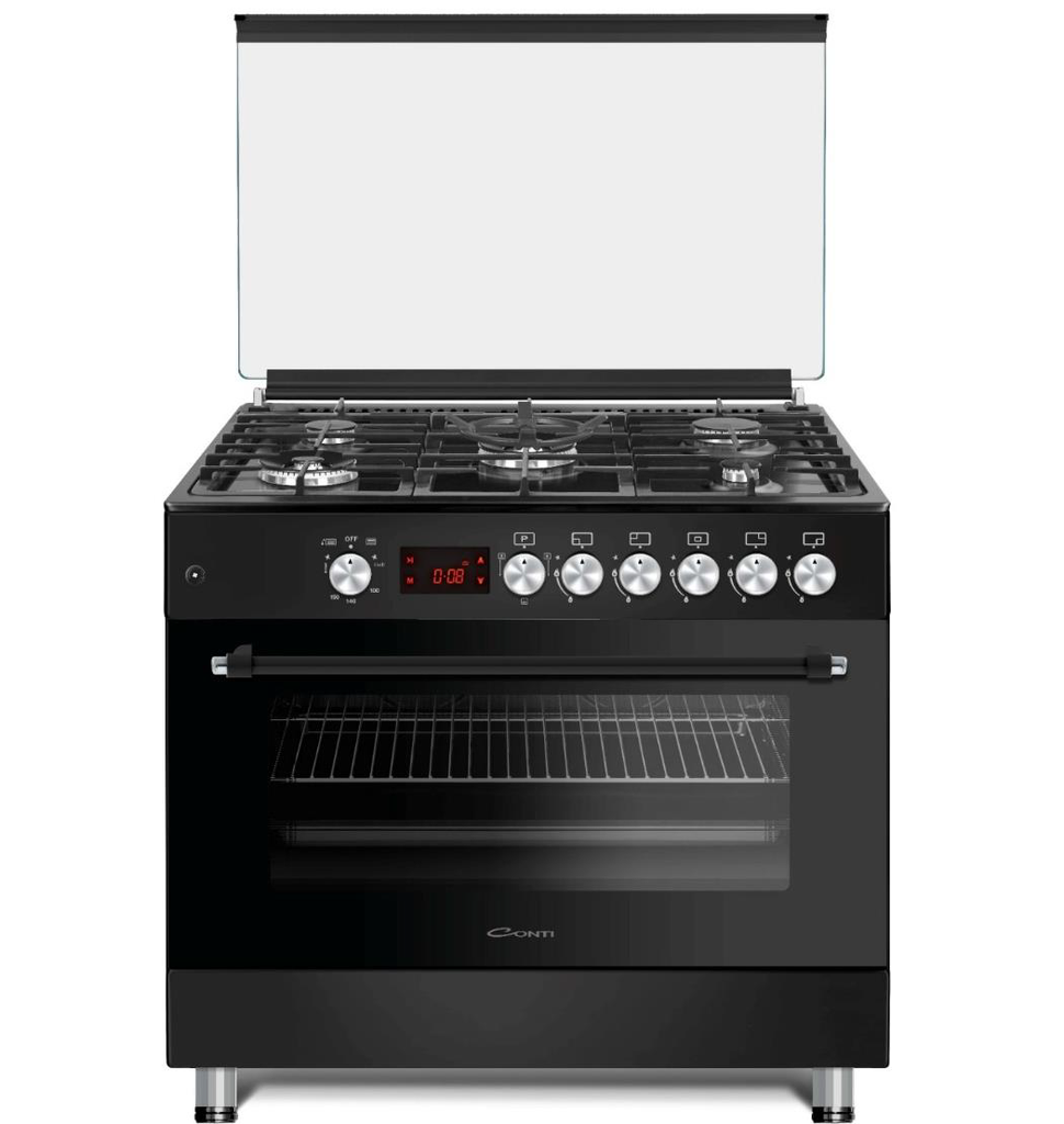 Conti Gas Cooker 90cm Cast-Iron with 2 Fan & Triple Glass - Black