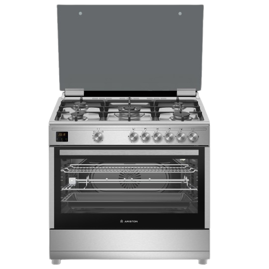 Ariston Gas Cooker 5Burners Digital Full Safety with Fan Cast Iron Stainless