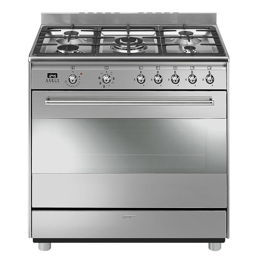 Smeg Cooker with Gas Hob 90x60 cm Thermo ventilated Oven Vapor Clean cleaning system Cast Iron Brushed stainless steelSSA91MAX9 Newton Stores